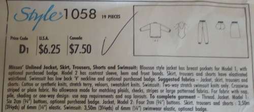 STYLE 1058  JACKET-SKIRT-PANTS-SHORTS-SWIMSUIT  SIZE KK = 8 - 14  COMPLETE