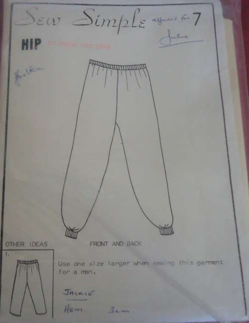 SEW SIMPLE PATTERNS #7  TRACK PANTS SIZES 40" HIP 102 CM