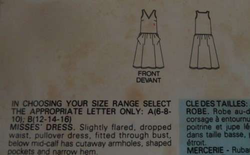 BUTTERICK 5391  - SLIGHTLY FLARED, DROPPED WAIST DRESS SIZE B=12-14-16 NO SEWING INSTRUCTIONS