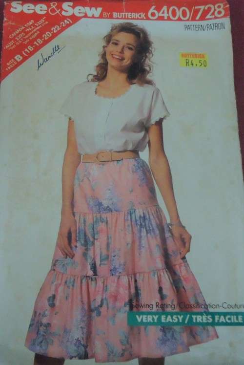 BUTTERICK 6400/728 PEASANT TOP & SKIRT SIZE B=16-18-20-22-24 COMPLETE