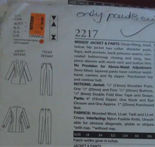VOGUE 2217 DONNA KARAN - JACKET & PANTS SIZE 14-16-18 COMPLETE