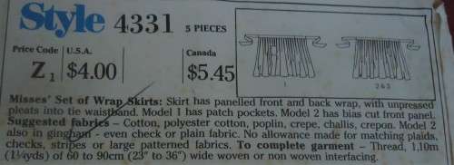 STYLE PATTERNS 4331 SET OF WRAP SKIRTS SIZE B WAIST 61 CM COMPLETE