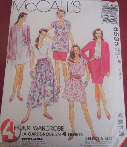 McCALL'S 6535 UNLINED CARDIGAN-TUNIC-TOP-SKIRT-CULOTTE SIZE B=8-10-12  COMPLETE MOSTLY UNCUT