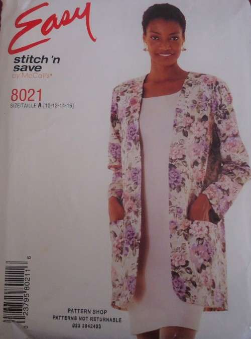 McCALL'S 8021 JACKET & DRESS SIZE A=10+12+14+16 COMPLETE
