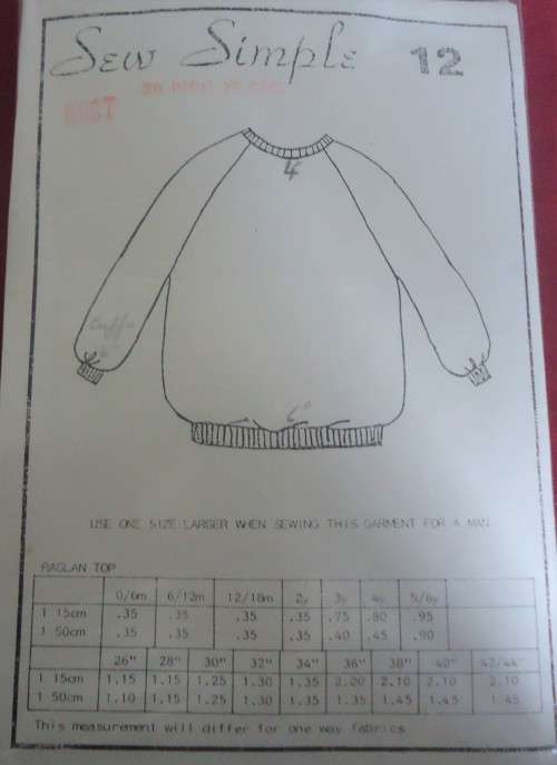 SEW SIMPLE PATTERNS # 12 RAGLAN TOP SIZE 36 BUST 92 CM