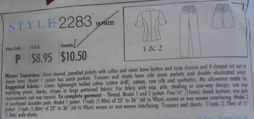 STYLE 2283 SEPARATES - SHORT SLEEVE JACKET-PANTS-SHORTS SIZE A = 8-18 COMPLETE