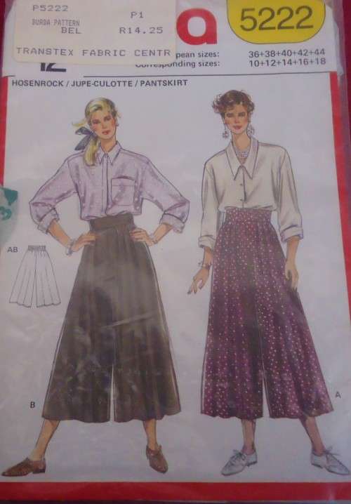BURDA 5222  CULOTTES SIZE 10-12-14-16-18 COMPLETE
