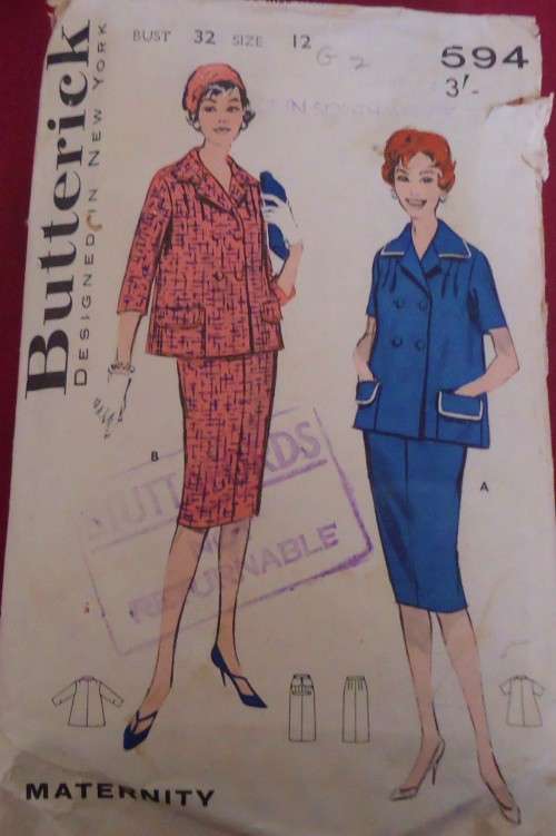 VINTAGE BUTTERICK 594 MATERNITY SET SIZE 12 BUST 32` COMPLETE - SUPPLIED IN A ZIPLOC BAG