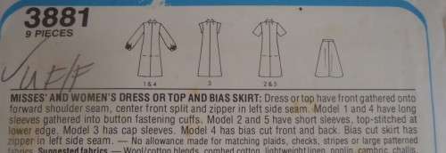 STYLE 3881 DRESS-TOP-BIAS SKIRT SIZE N 10-12-14 COMPLETE-UNCUT-F/FOLDED