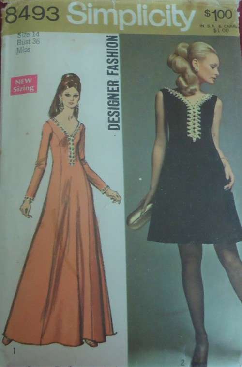 VINTAGE SIMPLICITY 8493 DESIGNER FASHION DRESS SIZE14 BUST 36" COMPLETE
