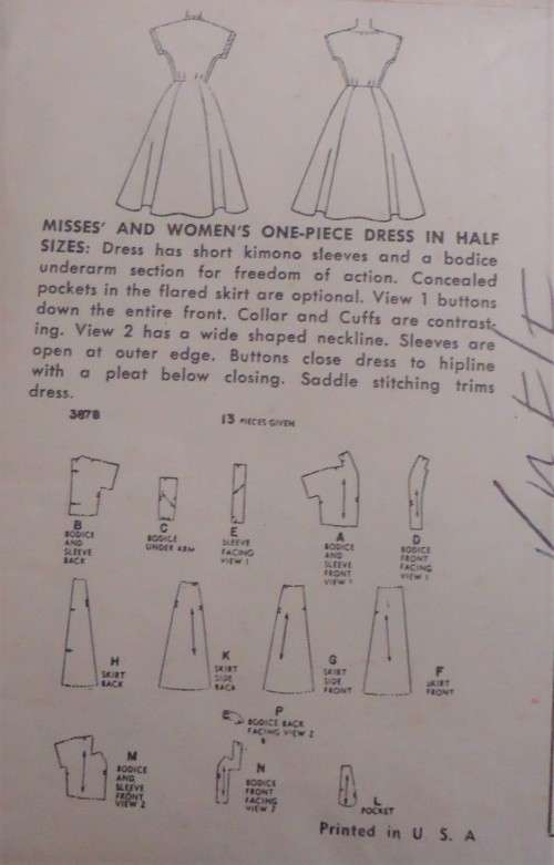 VINTAGE SIMPLICITY 3878  ONE PIECE DRESS SIZE 12 1/2 BUST 31" COMPLETE-UNCUT-F/FOLDED