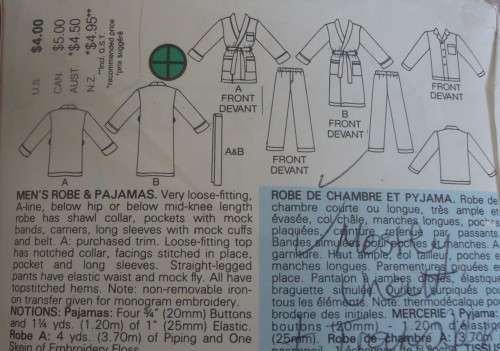BUTTERICK 3037 MEN'S PJS & ROBE SIZE XS-S-M (30-40") COMPLETE & MOSTLY UNCUT