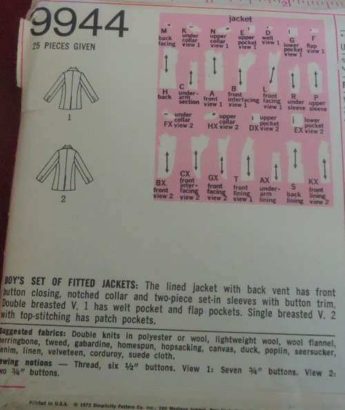 VINTAGE SIMPLICITY 9944 BOYS FITTED JACKETS SIZE 10 YEARS CHEST 28` COMPLETE-UNCUT-F/FOLDED