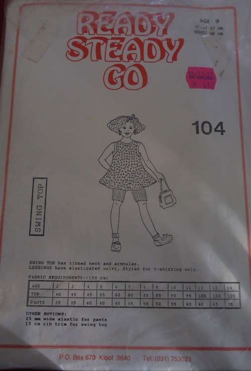 READY-STEADY-GO PATTERN-NUMBER 104 SWING TOP & LEGGINGS  AGE 2 YEARS CHEST 51 CM