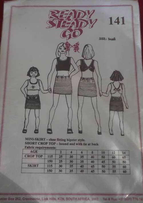 READY-STEADY-GO PATTERN-NUMBER 141 MINI SKIRT-SHORT CROP TOP  SIZE 6 YEARS CHEST 59 CM