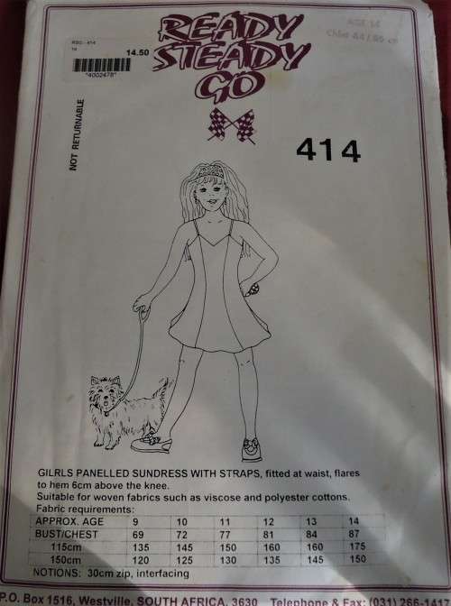 READY-STEADY-GO PATTERN-NUMBER 414 GIRLS PANELLED SUNDRESS WITH STRAPS SIZE 14 YEARS CHEST 84/86 CM