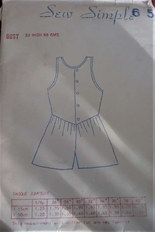 SEW SIMPLE PATTERNS #65  BASQUE JUMP SUIT SIZE 26" OR 66 CM