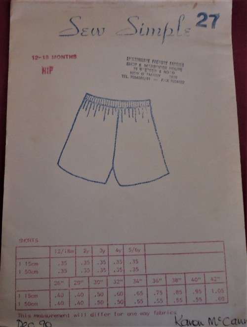 SEW SIMPLE PATTERNS #27 SHORTS  SIZE 12 - 18 MONTHS