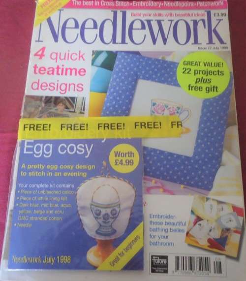 NEEDLEWORK  - JULY 1998 UK MAGAZINE - 76 A4 PAGES WITH FREE EGG COZY EMBROIDERY
