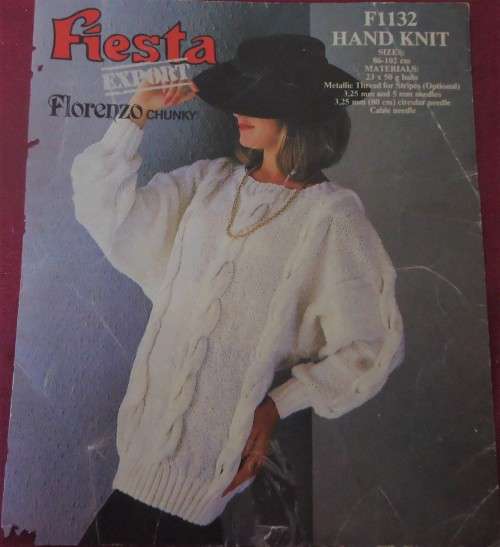 FIESTA # F1132  HANDKNIT FLORENZO CHUNKY-WHITE & SILVER CABLE SWEATER  SIZES 86-102 CM