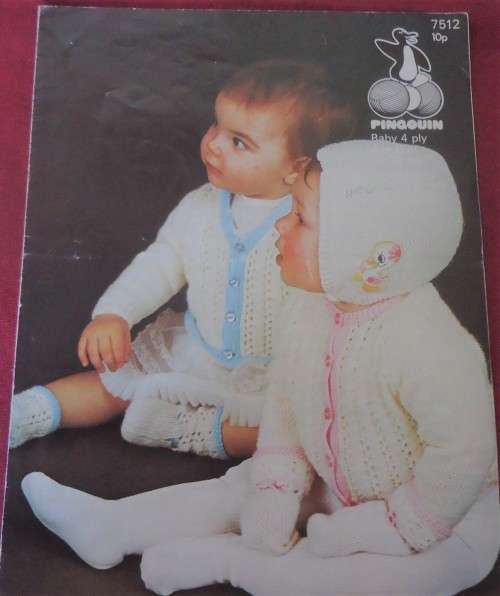 PINGOUIN #7512 TWO BABIES RAGLAN CARDIGAN-HELMET-MITTS-BOOTEES TO FIT SIZE CHEST 18-20-22`