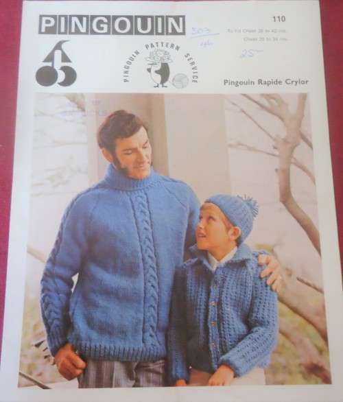 PINGOUIN # 110 MAN`S CABLE STITCH POLO SWEATER TO FIT 38-42` BUTTON UP JACKET IN 4 SIZES & CAP 28-34
