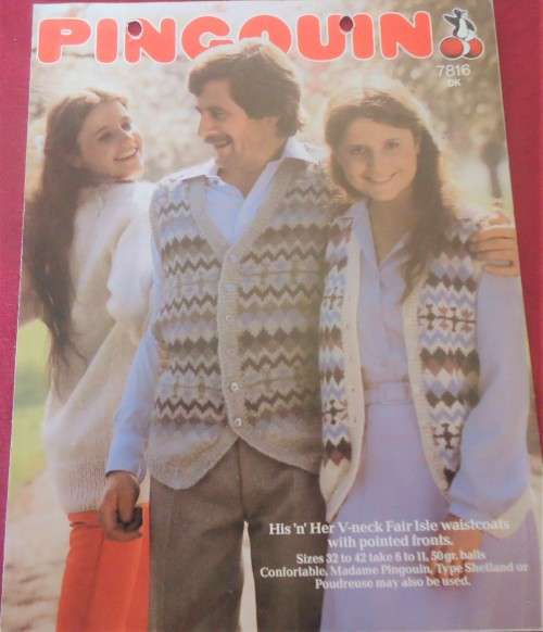 PINGOUIN #7816 HIS `N HERS V NECK FAIRISLE WAISTCOATS WITH POINTED FRONTS SIZE 22 - 44`