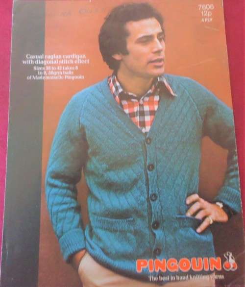 PINGOUIN #7606 CASUAL RAGLAN CARDIGAN WITH DIAGONAL STITCH EFECT SIZE 38 - 42`