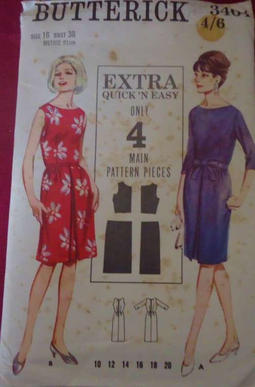 VINTAGE BUTTERICK PATTERN 3464 ONE PIECE DRESS SIZE16 BUST 36" COMPLETE & UNCUT