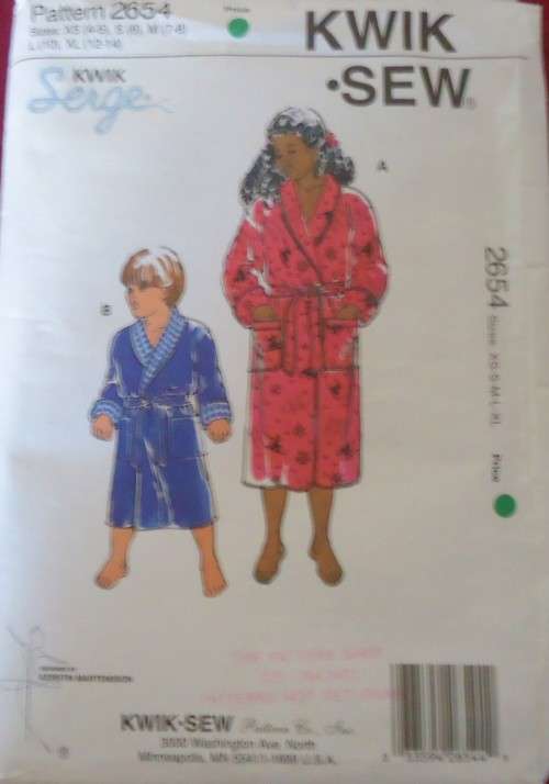 KWIK SEW PATTERNS 2654 KIDS ROBES SIZE XS(4-5)-S(6)-M(7-8)-L(10)-XL12-14 COMPLETE-UNCUT-F/FOLDED