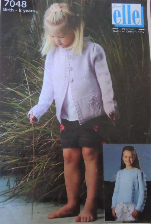 ELLE-#7048  KID`S PULLOVER & CARDIGAN KNITTING PATTERN  (WITH FLOWER) SIZES - BIRTH - 8 YEARS
