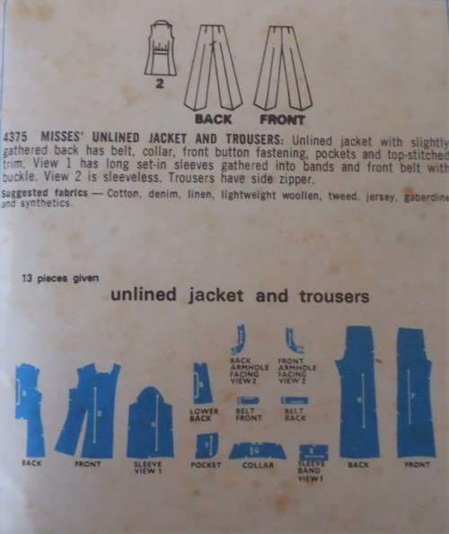STYLE 4375 -UNLINED JACKET & PANTS SIZE 12 BUST 34` SEE LISTING