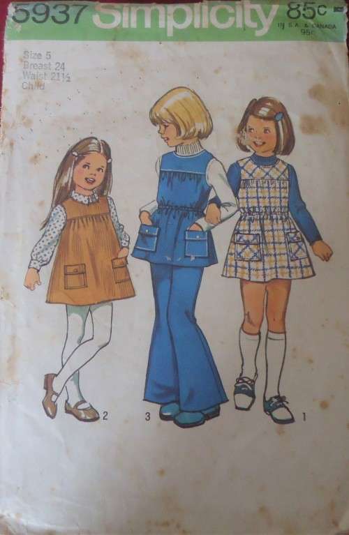VINTAGE SIMPLICITY 5937 GIRLS PINAFORE /TUNIC-BELL BOTTOM PANTS SIZE 3 YEARS BREAST 22 COMPLETE
