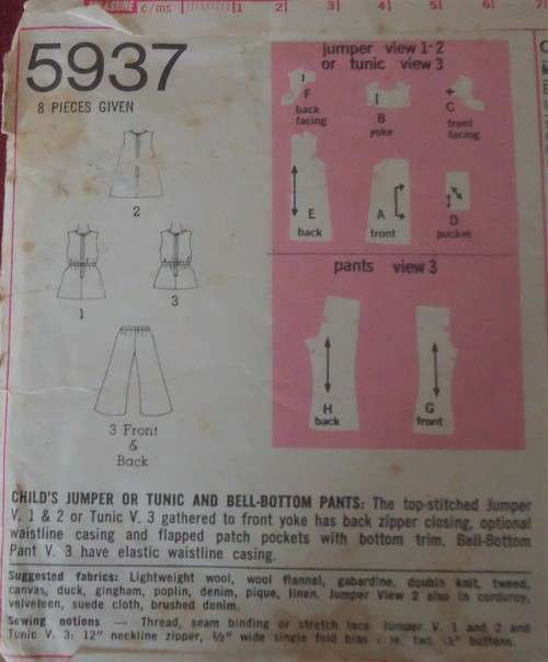 VINTAGE SIMPLICITY 5937 GIRLS PINAFORE /TUNIC-BELL BOTTOM PANTS SIZE 3 YEARS BREAST 22 COMPLETE