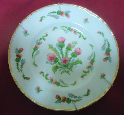 ENGLISH BONE CHINA WALL PLATE OF PRETTY PICTURED THISTLES and GILT WITH WALL HANGER