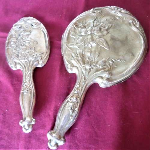VINTAGE SILVER PLATED ORCHID PATTERNED MIRROR & BRUSH SET - GREAT RESTORATION PROJECT
