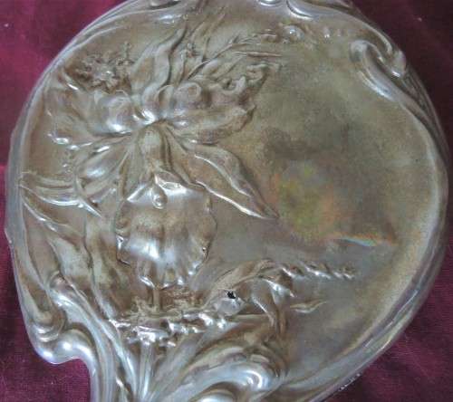 VINTAGE SILVER PLATED ORCHID PATTERNED MIRROR & BRUSH SET - GREAT RESTORATION PROJECT