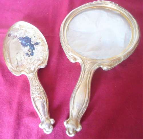 VINTAGE SILVER PLATED ORCHID PATTERNED MIRROR & BRUSH SET - GREAT RESTORATION PROJECT