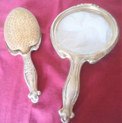 VINTAGE SILVER PLATED ORCHID PATTERNED MIRROR & BRUSH SET - GREAT RESTORATION PROJECT