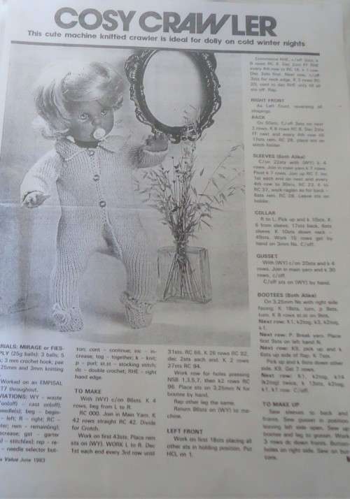 COSY CRAWLER - MACHINE KNITTED CRAWLER - WOMANS VALUE JUNE 1983- PHOTOCOPY