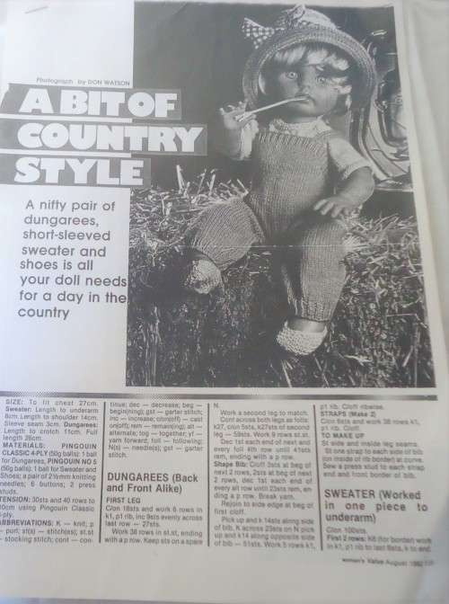 A BIT OF COUNTRY STYLE- DOLLS CLOTHES - WOMAN`S VALUE AUGUST 1982 - PHOTOSTAT