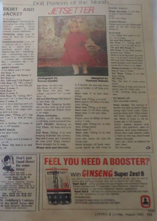 JETSETTER  -SKIRT & JACKET -  TO FIT 43 CM DOLL- LIVING & LOVING AUGUST 1983
