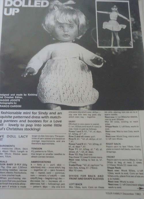 DOLLED UP - LOVE DOLL KNITTING PATTERN &  SINDY  DOLL PATTERN - YOUR FAMILY DECEMBER 1980- PHOTOSTAT