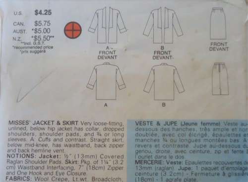 BUTTERICK 4430 JACKET & SKIRT SIZES 8-10-12 COMPLETE