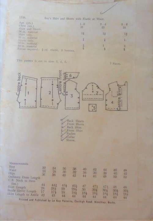 V/VINTAGE "LE ROY" PATTERN 1438 BOY'S SHORTS & SHIRT SIZE 3 - 4 YEARS COMPLETE