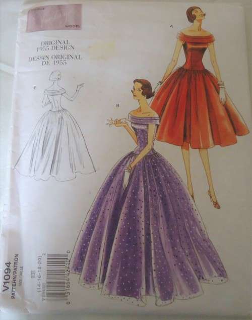 VOGUE V1094  ORIGINAL1955 DESIGN -LINED EVENING DRESS SIZE EE=14-16-18-20 COMPLETE-UNCUT-F/FOLDED