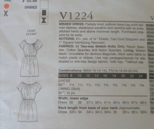 VOGUE V1224 PULLOVER DRESS WITH DOLMAN SLEEVES SIZE F5=16-18-20-22-24 COMPLETE-UNCUT-F/FOLDED