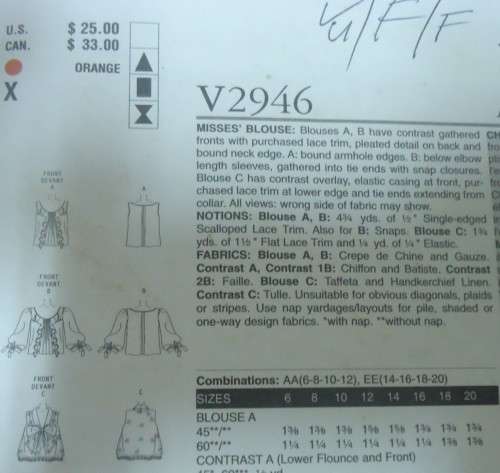 VOGUE V2946 OSCAR DELA RENTA - SET OF BLOUSES   SIZE AA=6-8-10-12 COMPLETE-UNCUT-F/FOLDED