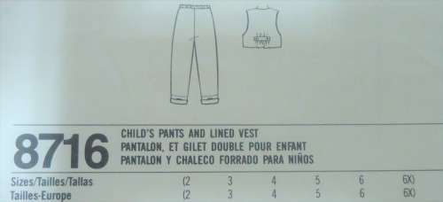 SIMPLICITY 8716 CHILD`S PANTS & LINED VEST SIZE 2-3-4-5-6-6X YEARS SEE LISTING