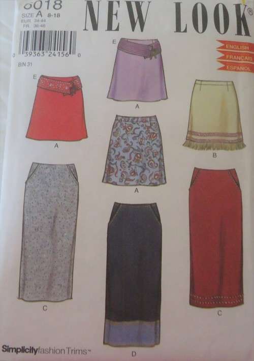 NEW LOOK PATTERNS 6018 SET OF SKIRTS SIX SIZES IN ONE 8 - 18 COMPLETE & PART CUT